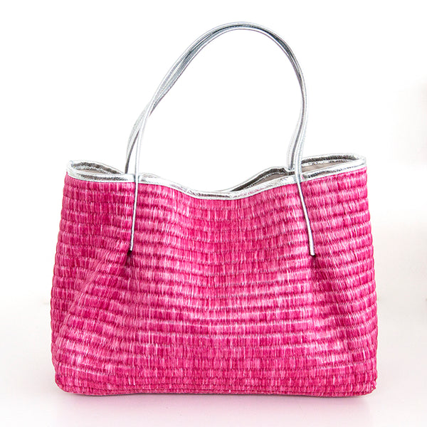 ADIMA - fuchsia leather and straw shopping bag