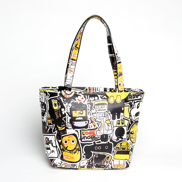 DOODLE - white screen-printed leather shopping bag