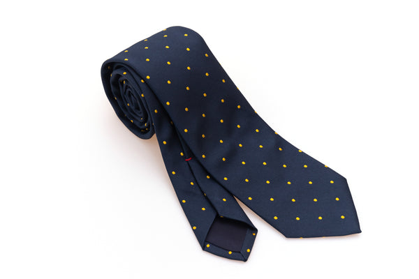 Cravate bleue à pois jaunes en pure soie