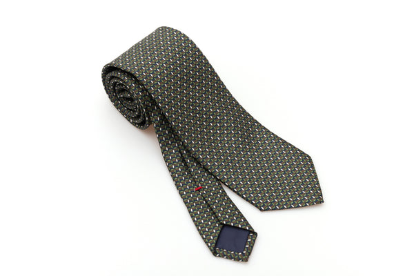Cravate en soie pure à micro-motif vert et marron