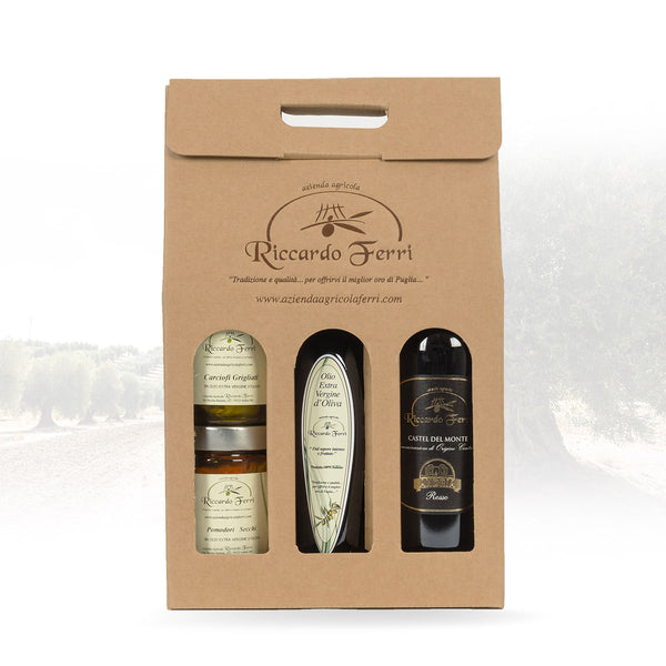 Case with mixed tasting sets (2 jars of preserves, olive oil, red wine)
