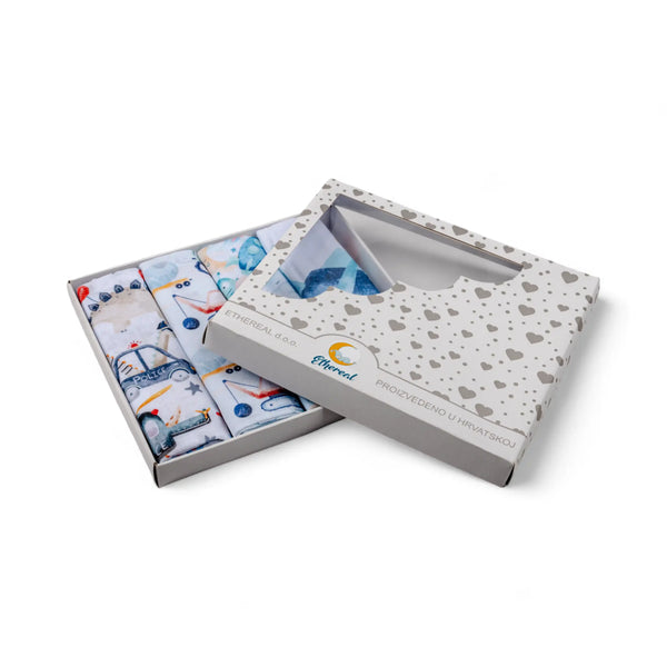 Set of Premium Cotton Baby Tetra Diapers 70x70cm in Gift Box - Set 4/1 - Vehicles