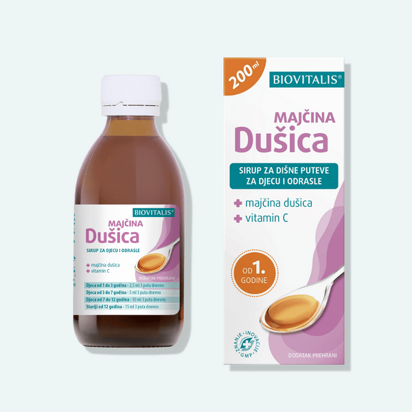 Pakiranje Biovitalis sirupa Majčina dušica za iskašljavanje.
