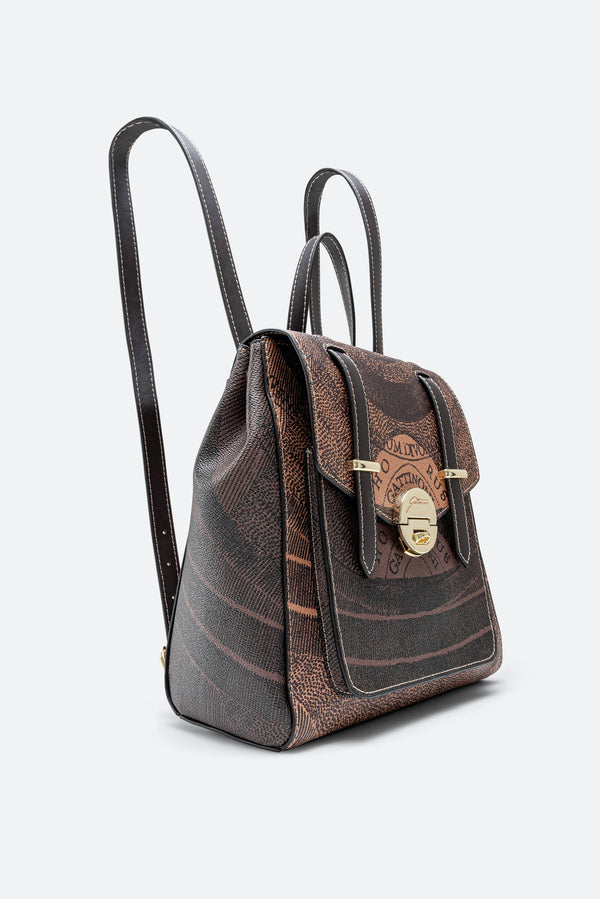 Bicolor Planetarium Flap Backpack in Brown with Black Leather Finish