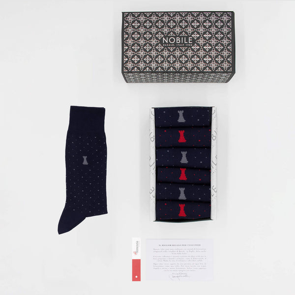 Boîte de Nuit à Pois - Chaussettes Courtes 3 x Pois Amarante & 3 x Pois Argentés sur Bleu