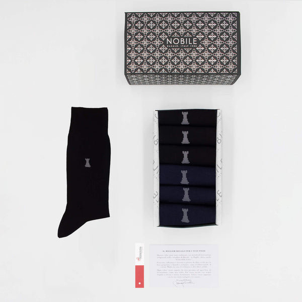 Boîte de base de 6 chaussettes courtes - 3 x Noir uni / 3 x Bleu uni