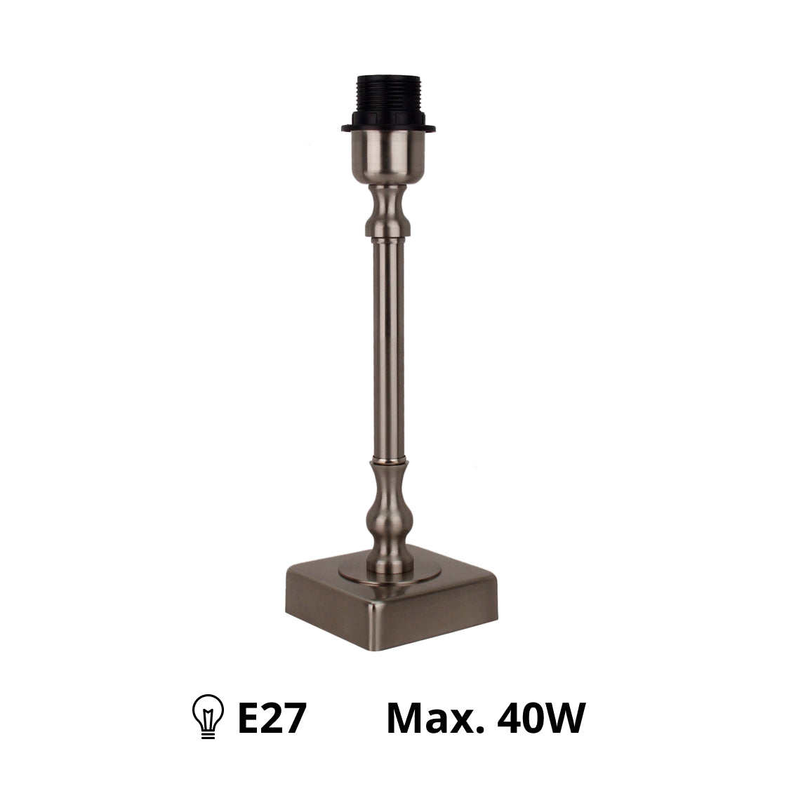 Various Metal Lamp Base – Matte Nickel – Height 33 cm, E27 Socket, Square Base