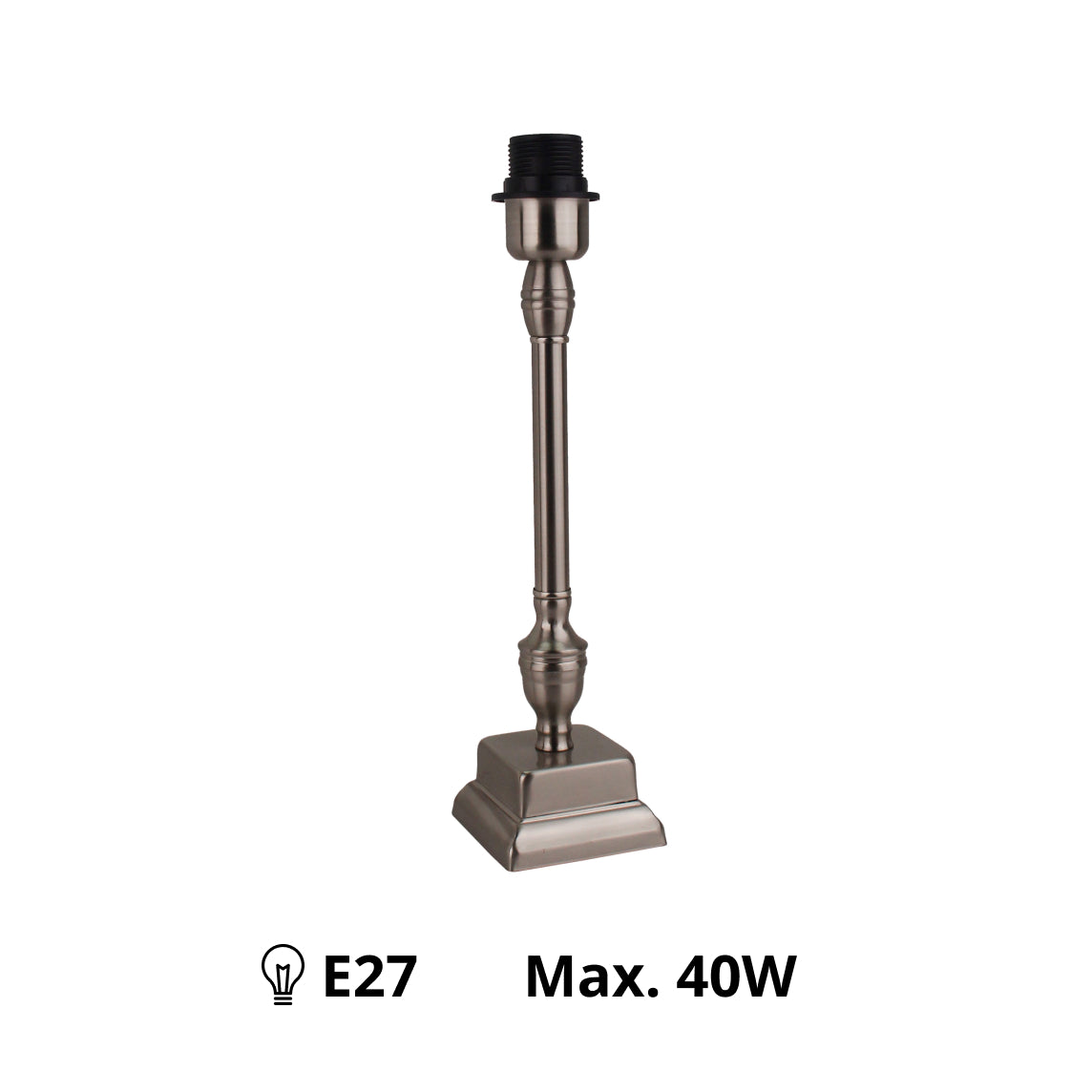 Seitenansicht: Metall-Lampenfuß Nickel Matt mit E27-Fassung.