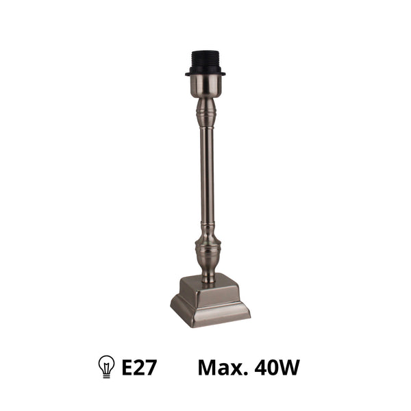 Seitenansicht: Metall-Lampenfuß Nickel Matt mit E27-Fassung.