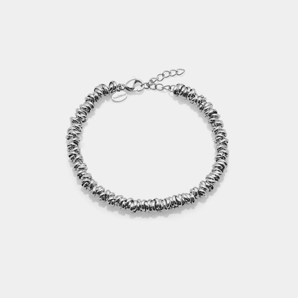 Bracciale acciaio lucido formato da anelli intrecciati tra se a forma di nodini