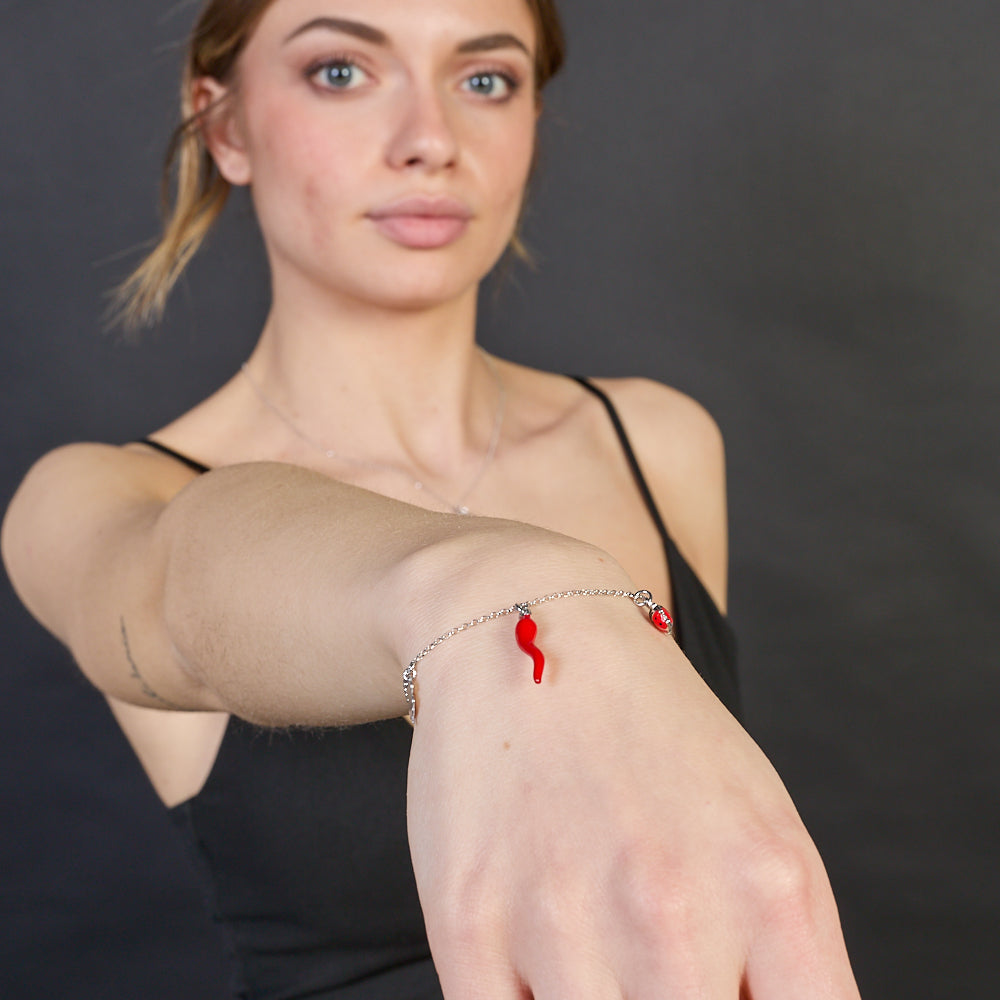 Rhodium-plated silver bracelet with horn and enamel ladybug and clover pendants