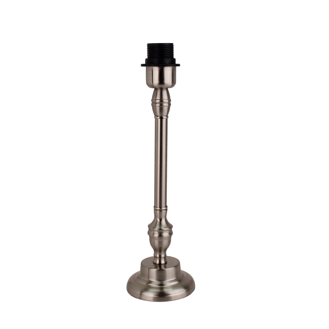 Lampenfuß aus Metall in Nickel Matt mit E27-Fassung, 35 cm hoch, moderne runde Basis.
