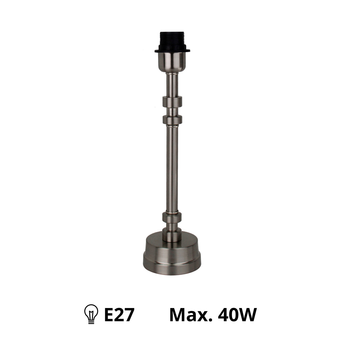 Minimalistischer Lampenfuß in Nickel Matt mit E27-Sockel, modernes Wohnaccessoire.