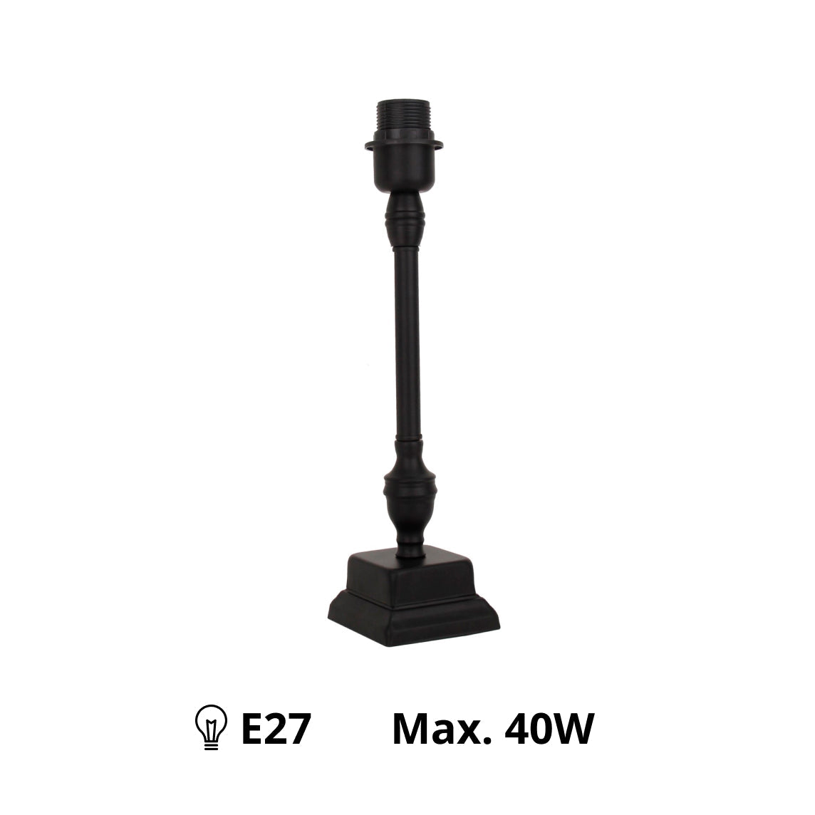 Seitenansicht des schwarzen Metall-Lampenfußes mit E27-Fassung.