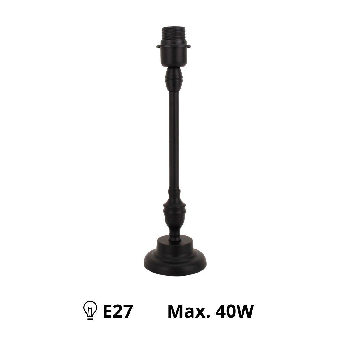 Schwarzer Lampenfuß aus Metall mit E27-Sockel, edel und robust.