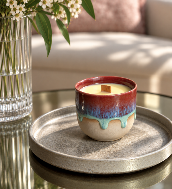 A ceramic candle jar with a red, blue, and light blue drip glaze sits on a round gray tray on a glass table, with a blurred living room background and a vase of flowers.