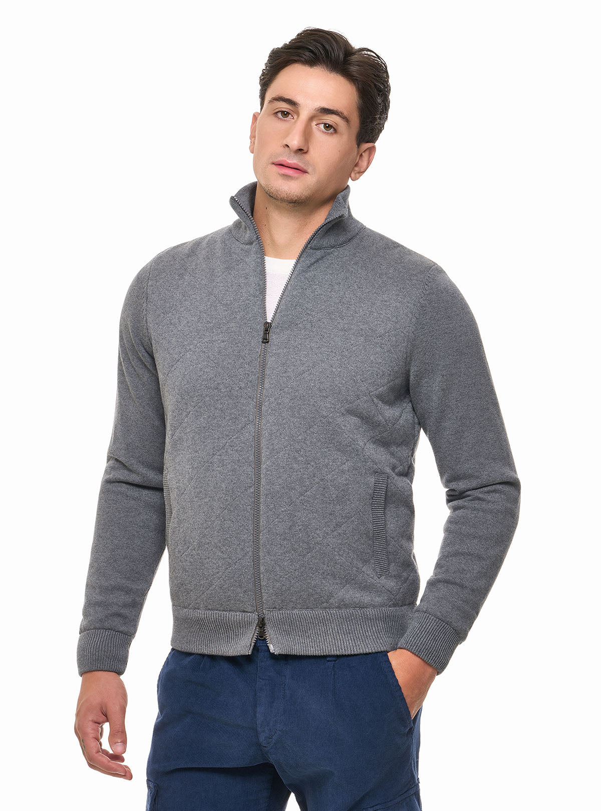 FULL ZIP QUILTED JACKET WITH DIAMOND PATTERN AND POCKETS