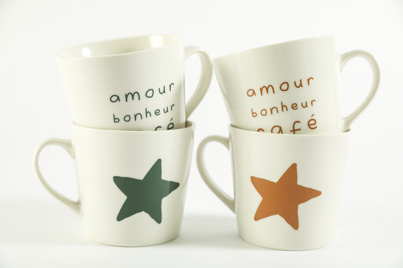 Set of 2 Love Happiness Coffee Breakfast Mugs