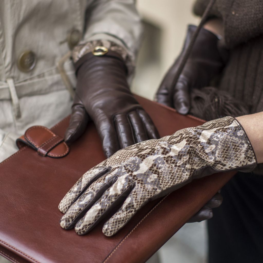 Women's Leather Gloves with Snake Skin Imitation