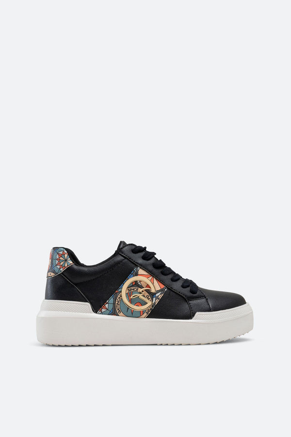Leon Sneakers in Faux Leather with Teodosia Print Classic Black Color
