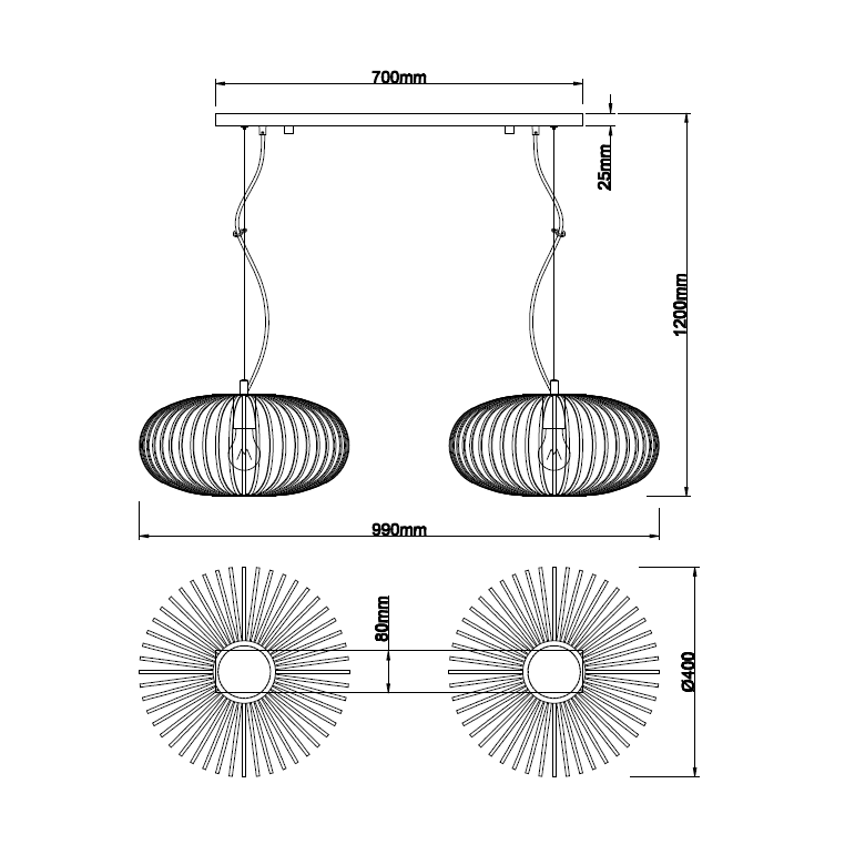 Chericoni Curvato viseća lampa - 2 svjetla - Ø 40 cm - E27 - Crna