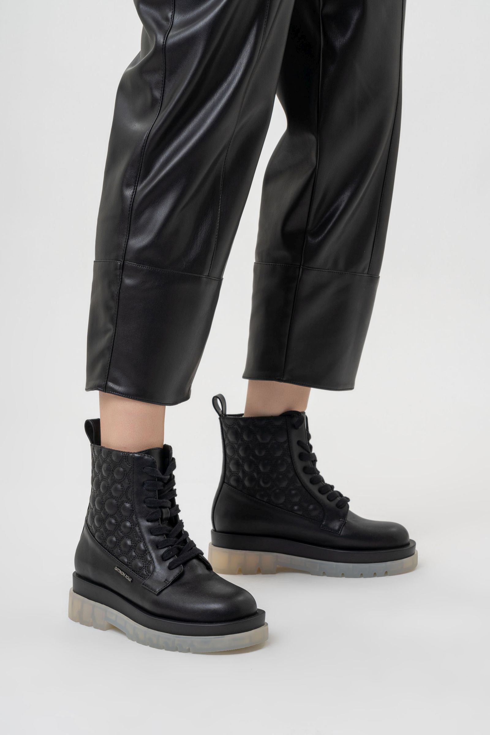 Russel Ankle Boot in Faux Leather with Geometric Print in Black