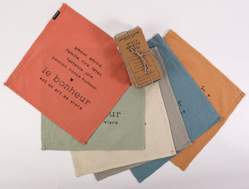 Set of 6 Table Napkins Happiness is an Art of Living