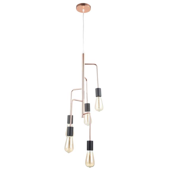 Deze opvallende hanglamp combineert een modern en robuust design met een koperen afwerking en stijlvolle zwarte accenten