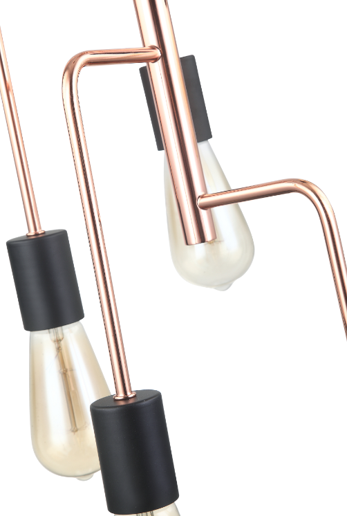 Deze opvallende hanglamp combineert een modern en robuust design met een koperen afwerking en stijlvolle zwarte accenten.