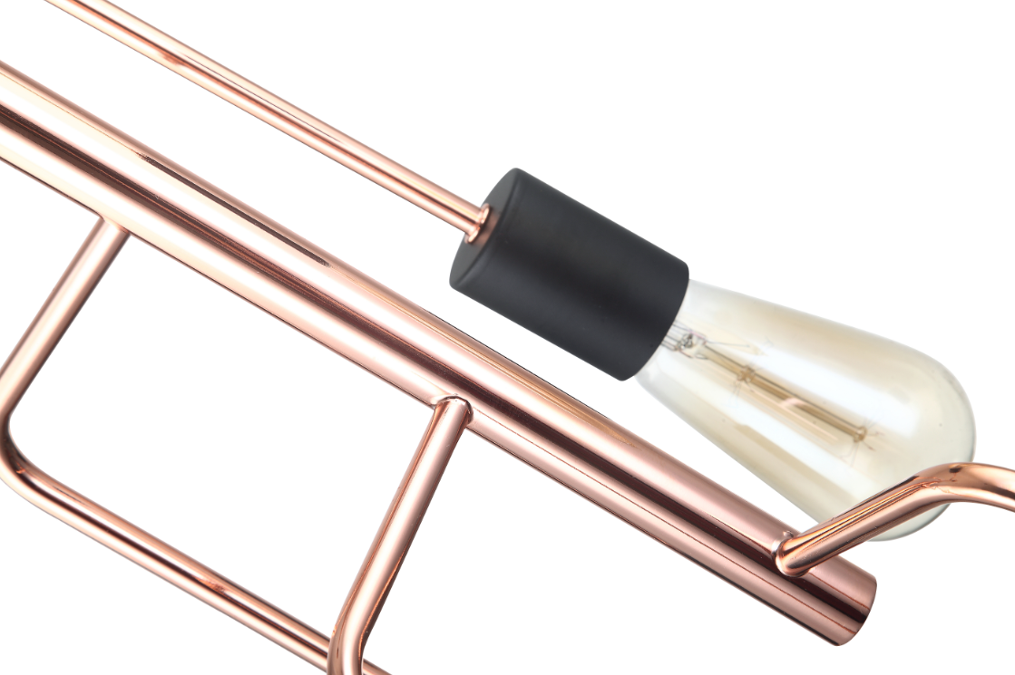 Deze opvallende hanglamp combineert een modern en robuust design met een koperen afwerking en stijlvolle zwarte accenten.