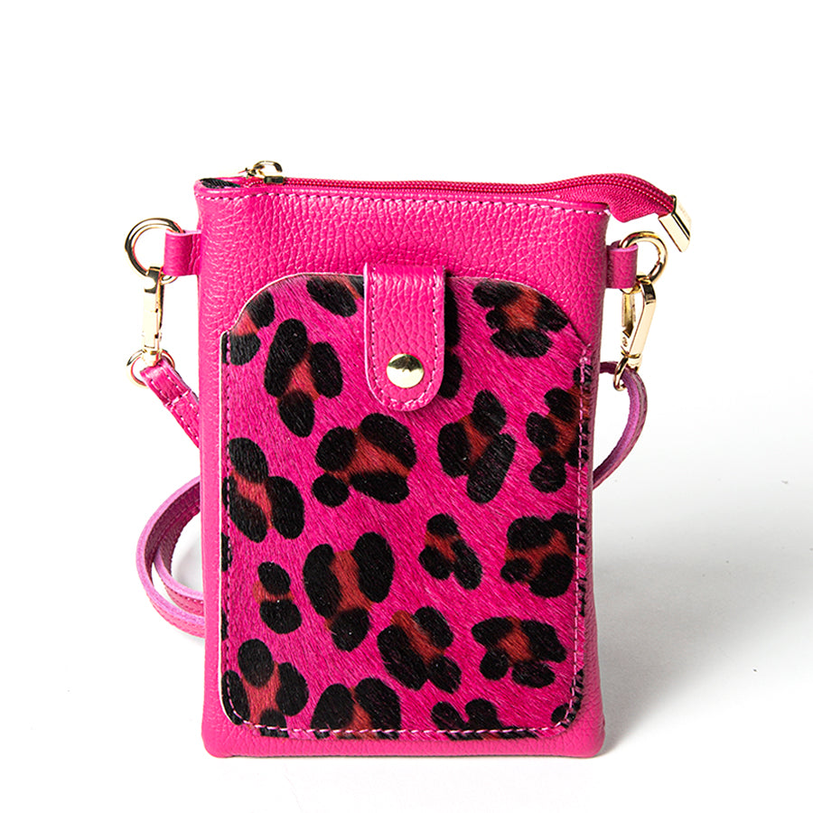 TINY - Leather mobile phone holder with pink leopard print pony