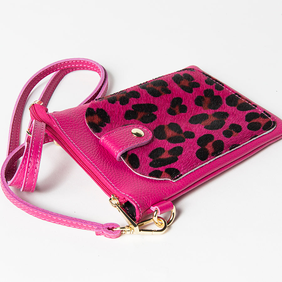 TINY - Leather mobile phone holder with pink leopard print pony