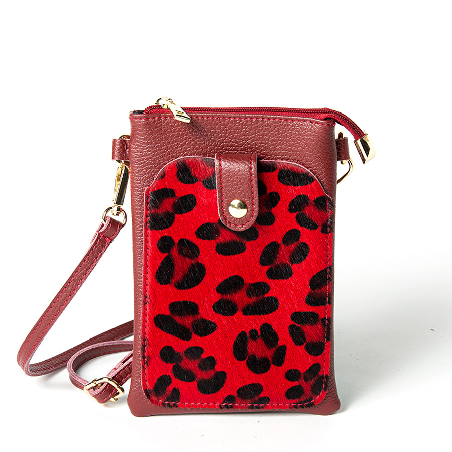 TINY - Dollar leather mobile phone holder with red leopard print pony
