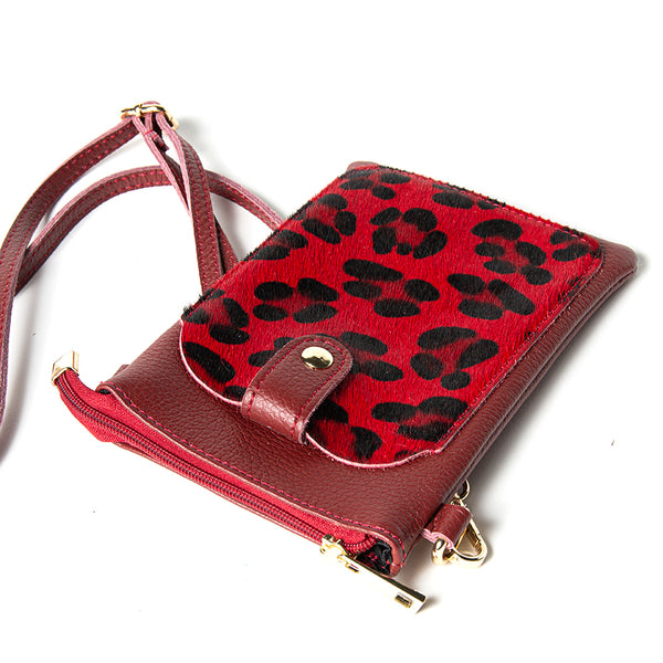 TINY - Dollar leather mobile phone holder with red leopard print pony