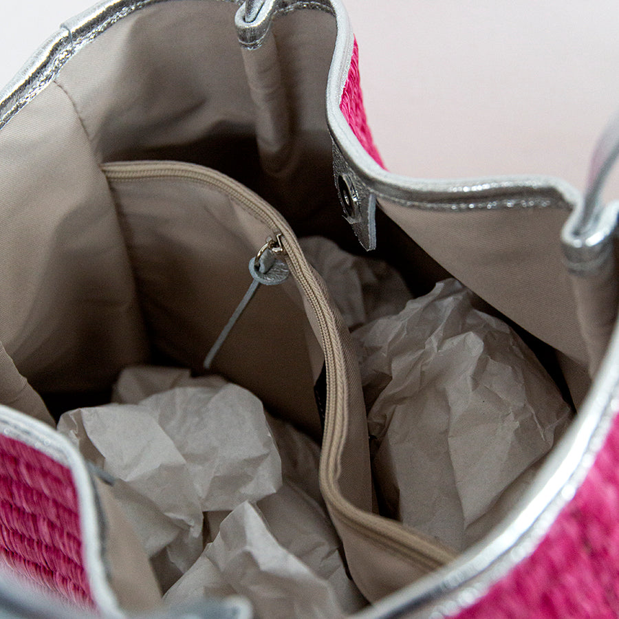 ADIMA - borsa da shopping in pelle fucsia e paglia