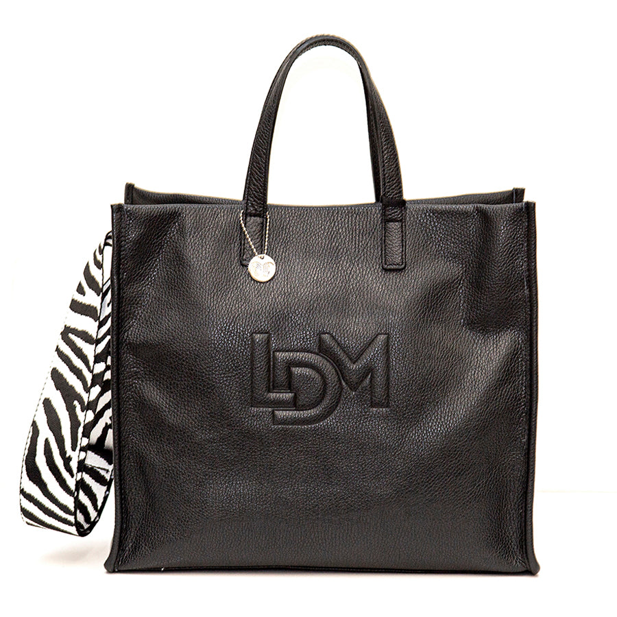 LDM - Maxi black leather shopping bag with ribbon shoulder strap