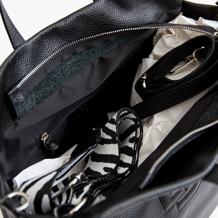 LDM - Maxi black leather shopping bag with ribbon shoulder strap