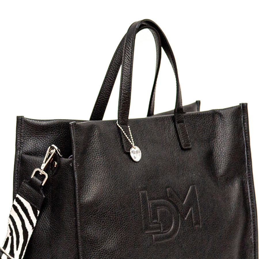 LDM - Maxi black leather shopping bag with ribbon shoulder strap