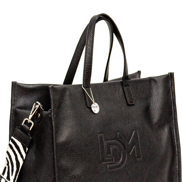 LDM - Maxi black leather shopping bag with ribbon shoulder strap