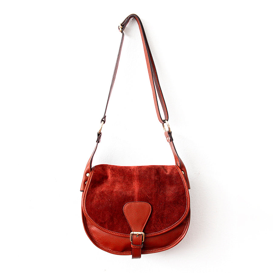SADDLE - ruby leather and suede messenger bag