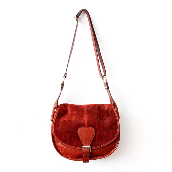 SADDLE - ruby leather and suede messenger bag