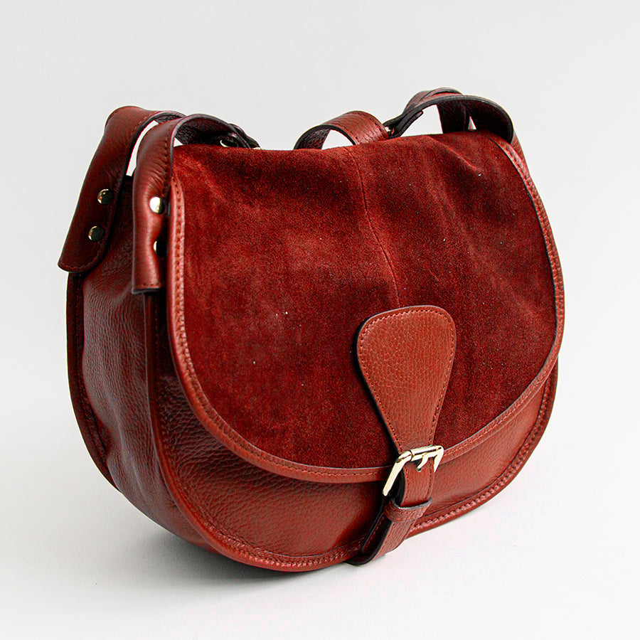 SADDLE - ruby leather and suede messenger bag