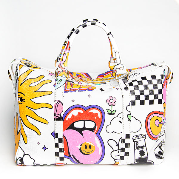 DOODLE TRAVEL - Screen-printed leather duffel bag