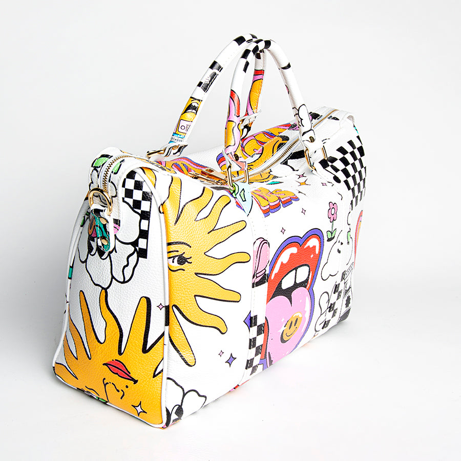 DOODLE TRAVEL - Screen-printed leather duffel bag