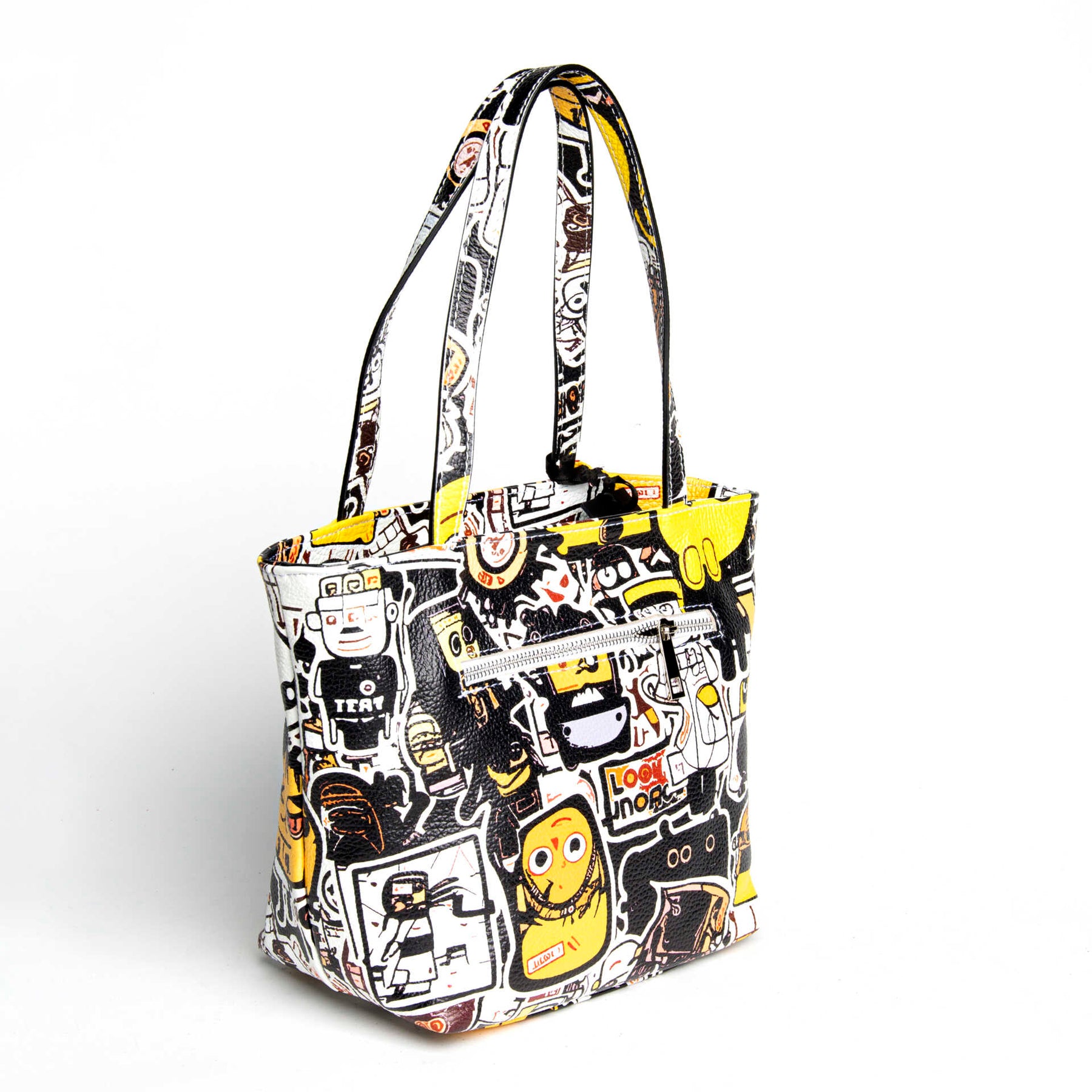 DOODLE - white screen-printed leather shopping bag