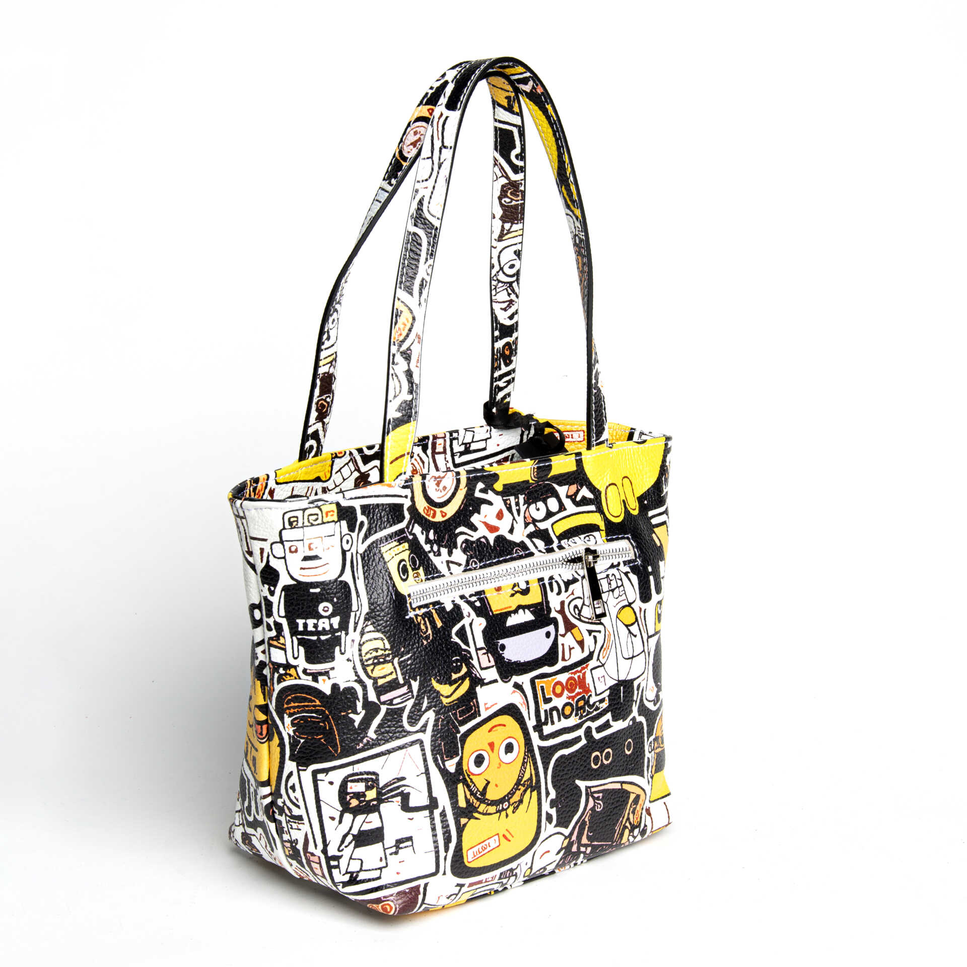 DOODLE - white screen-printed leather shopping bag