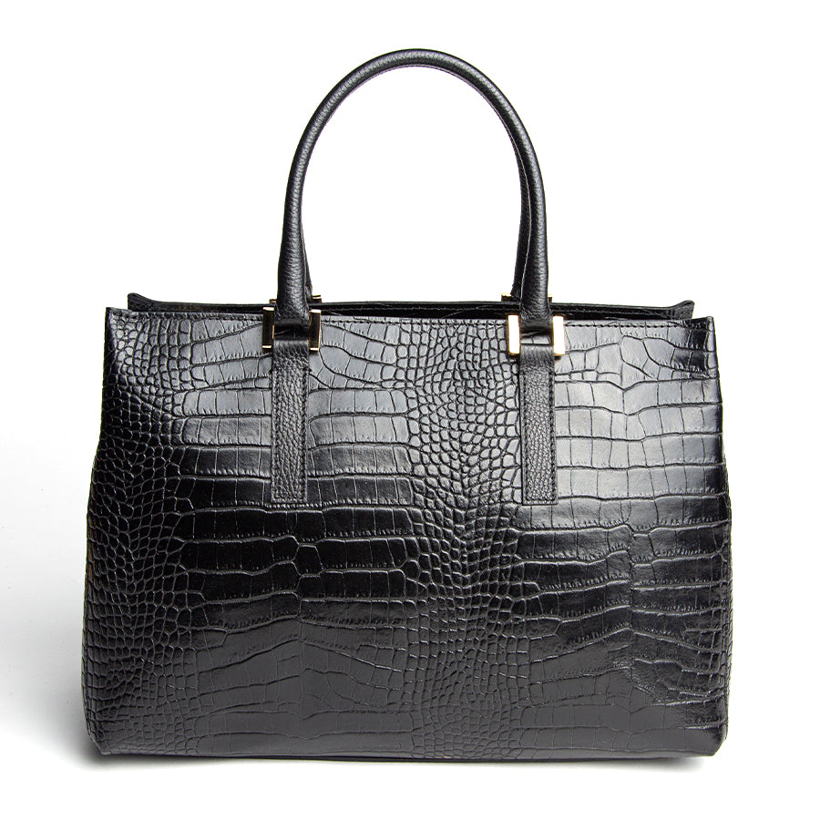 MONICA - Maxi bag in black crocodile print leather
