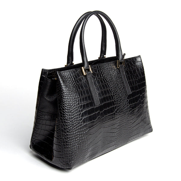 MONICA - Maxi bag in black crocodile print leather