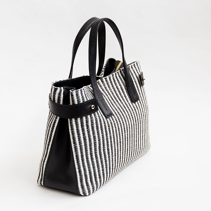 CORFU' - Black and White Leather and Raffia Bag