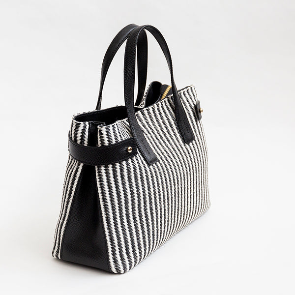 CORFU' - Black and White Leather and Raffia Bag